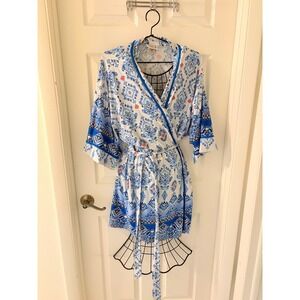 In Bloom Blue White Boho Robe Kimono Wrap Cover Up Tie Waist M/L EUC Cottagecore